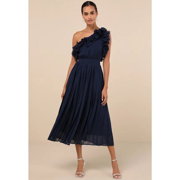 NEW Lulus Splendid Charisma Navy Ruffled Pleated One Shoulder Midi Dress - Picture 1 of 16